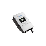 A rectangular metallic Sol-Ark 8K Hybrid Inverter, featuring a small digital display, multiple ports and connectors, is designed for solar energy generation and shown against a plain white background.