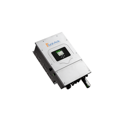 A rectangular metallic Sol-Ark 8K Hybrid Inverter, featuring a small digital display, multiple ports and connectors, is designed for solar energy generation and shown against a plain white background.