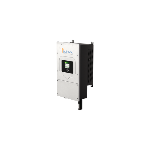 A Sol-Ark 8K Hybrid Inverter by Sol-Ark is wall-mounted with a digital display and buttons on its front panel, designed for solar energy generation and battery storage in solar power systems.