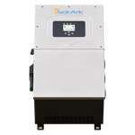 A front view of the Sol-Ark 15K hybrid inverter shows a digital display with indicator lights and buttons in a rectangular metal case. The Sol-Ark logo appears at the top, highlighting its design for energy independence.