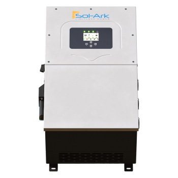 A front view of the Sol-Ark 15K hybrid inverter shows a digital display with indicator lights and buttons in a rectangular metal case. The Sol-Ark logo appears at the top, highlighting its design for energy independence.