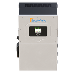 Front view of a Sol-Ark 15K Hybrid Inverter shows a black control panel with green indicator lights, the Sol-Ark logo at the top, and highlights energy independence.