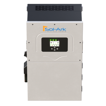 Front view of a Sol-Ark 15K Hybrid Inverter shows a black control panel with green indicator lights, the Sol-Ark logo at the top, and highlights energy independence.