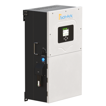 The Sol-Ark 15K Hybrid Inverter offers a digital display, front control buttons, and sturdy metal casing for reliable vertical mounting, enabling energy independence by efficiently converting solar power for homes or businesses.