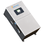 The Sol-Ark 15K hybrid inverter features a digital display and indicator lights on its front panel, housed in a rectangular metal casing, to support your journey toward energy independence.
