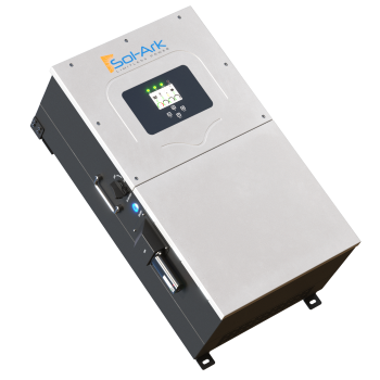 The Sol-Ark 15K hybrid inverter features a digital display and indicator lights on its front panel, housed in a rectangular metal casing, to support your journey toward energy independence.