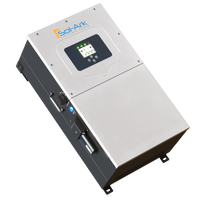 A silver Sol-Ark hybrid inverter with a digital display, status lights, buttons, and wall-mountable brackets for easy installation—ideal for renewable energy solar systems.