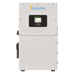 Front view of the Sol-Ark 15K Hybrid Inverter by Sol-Ark, featuring a digital display panel and LED indicators in a rectangular metallic case with the Sol-Ark logo on top—engineered for true energy independence.