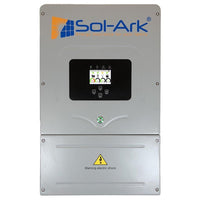 The Sol-Ark 8K inverter features a digital display labeled Sol-Ark Energy Intelligence for your Family. Its gray metal casing has a yellow electric shock warning triangle and is engineered for advanced solar energy systems.