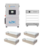 A Sol-Ark solar hybrid inverter, a modular Sol-Ark HomeGrid home battery system, and four rectangular white Sol-Ark battery modules are displayed against a plain background.