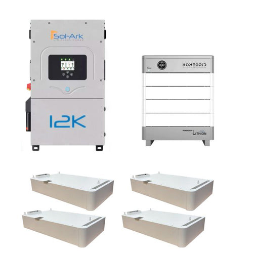 A Sol-Ark solar hybrid inverter, a modular Sol-Ark HomeGrid home battery system, and four rectangular white Sol-Ark battery modules are displayed against a plain background.