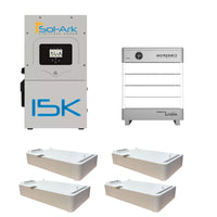 Four white battery modules sit below two Sol-Ark power storage units labeled 15K and HomeGrid, both with digital displays. The HomeGrid features Powered by Lithium, showcasing Sol-Arks innovative modular home battery solutions.