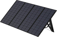 The Zendure 400W solar panel, featuring a black grid pattern, is propped at an angle on a stand against a white background, highlighting its portable and lightweight design.