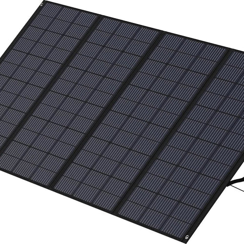 The Zendure large rectangular solar panel features a grid of dark blue photovoltaic cells and a metal stand, making it ideal for smart energy management and integration with home energy storage systems.