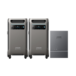 Two Anker portable power stations with digital displays sit side by side next to a rectangular Anker battery expansion module, offering sleek designs and reliable backup power for your home.