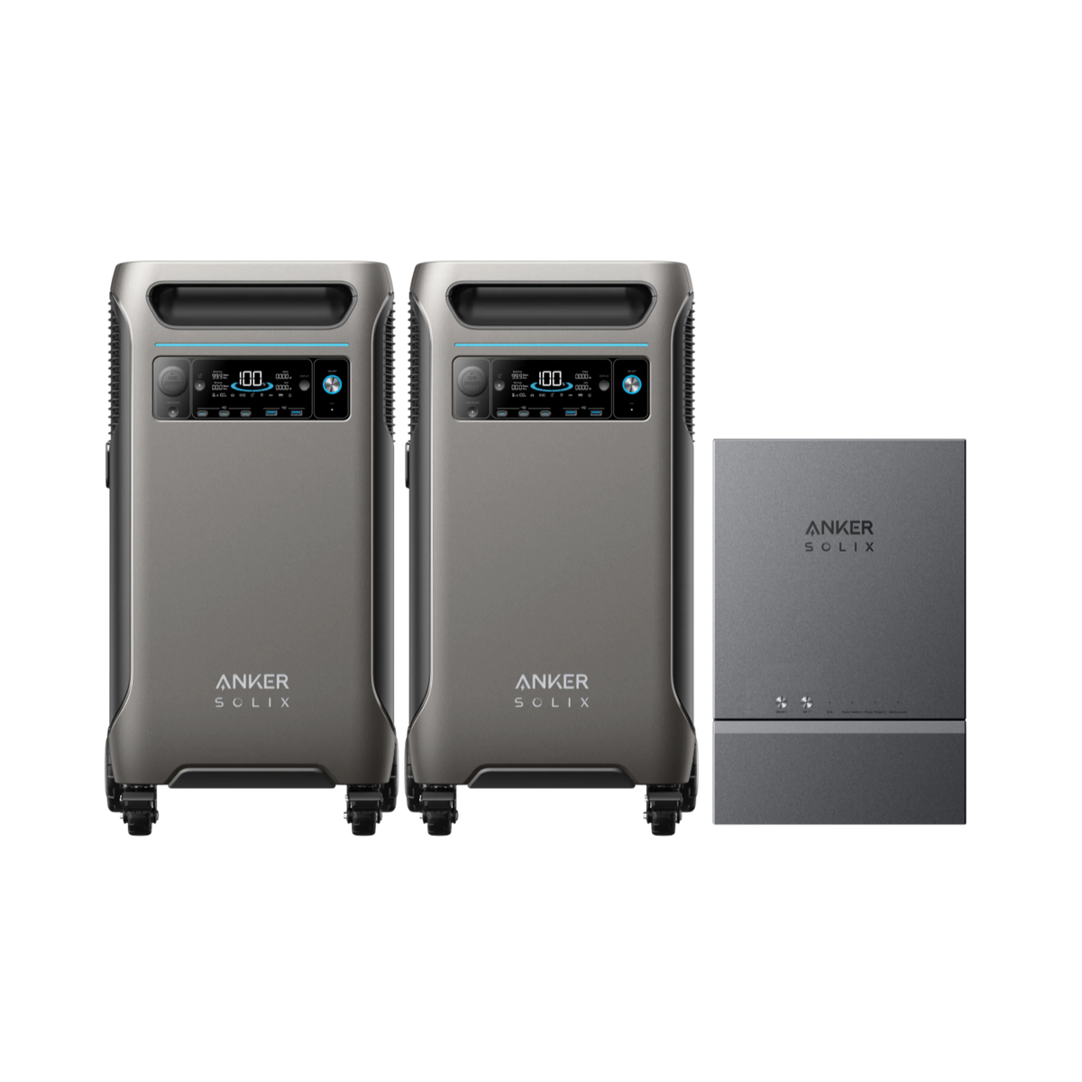 Two Anker portable power stations with digital displays sit side by side next to a rectangular Anker battery expansion module, offering sleek designs and reliable backup power for your home.