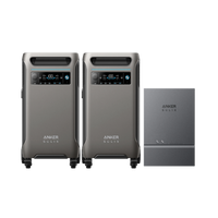 Two Anker portable power stations with digital displays sit side by side next to a rectangular Anker battery expansion module, offering sleek designs and reliable backup power for your home.