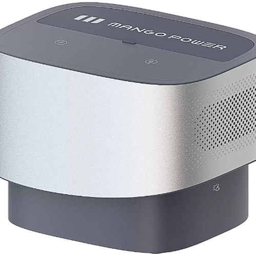 The Mango Power portable battery is a compact, rectangular device with rounded edges and ventilation holes, finished in silver and gray—perfect for home backup power.