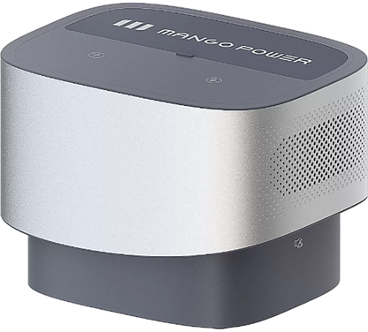 The Mango Power portable battery is a compact, rectangular device with rounded edges and ventilation holes, finished in silver and gray—perfect for home backup power.